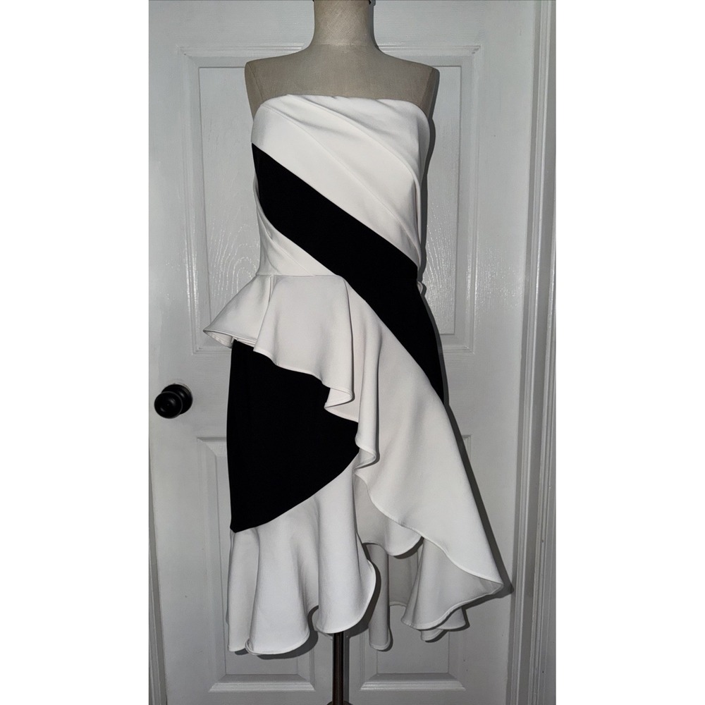 Marchesa Notte Strapless High Low Colorblock Dress Black White Ruffle 10
